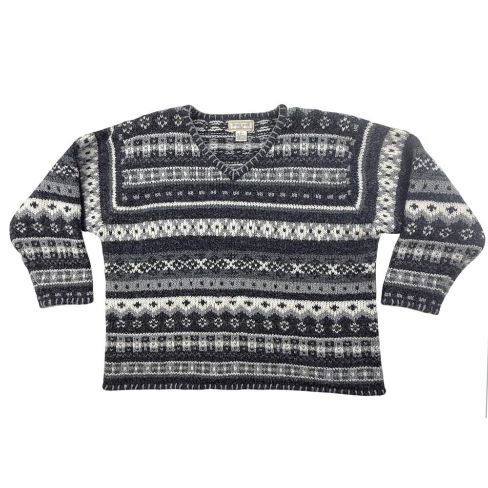 Studio Works Chunky Nordic Sweater Wool Blend 2X Gray Stripe Fair Isle V-Neck